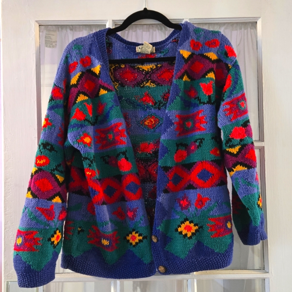 Vintage L.L. Bean Sweater Cardigan Colorful Button Up Geometric VTG